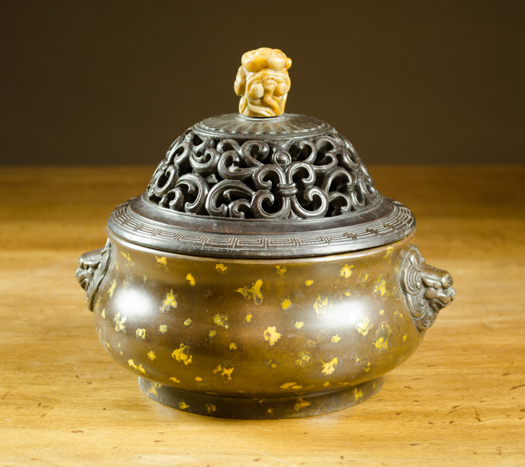 Appraisal: CHINESE GOLD-SPLASHED BRONZE CENSER WITH WOOD COVER the circular bowl