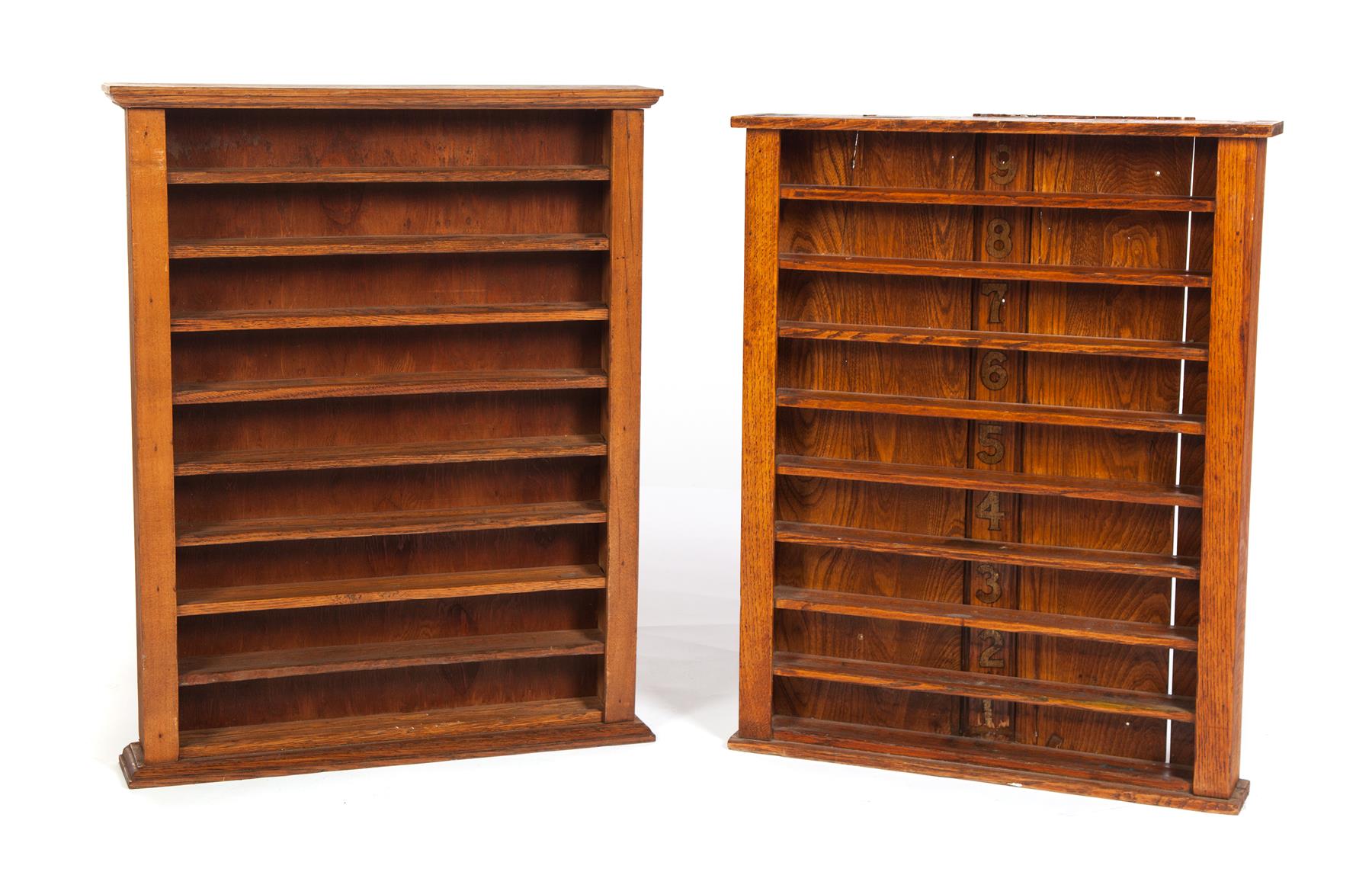 Appraisal: TWO AMERICAN POOL BALL RACKS Mid th century oak One