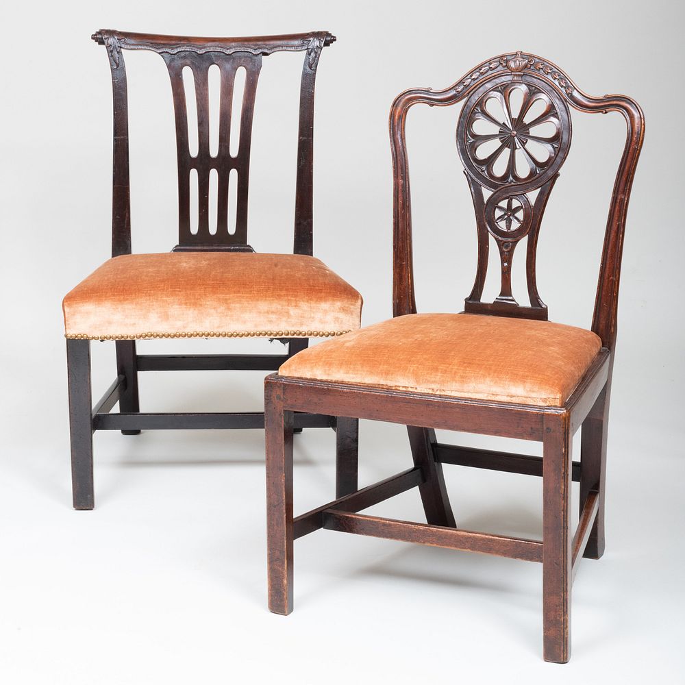 Appraisal: Two George III Carved Mahogany Side Chairs Both upholstered in