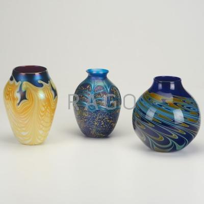 Appraisal: CHARLES LOTTON Three glass vessels in cobalt and golden yellow