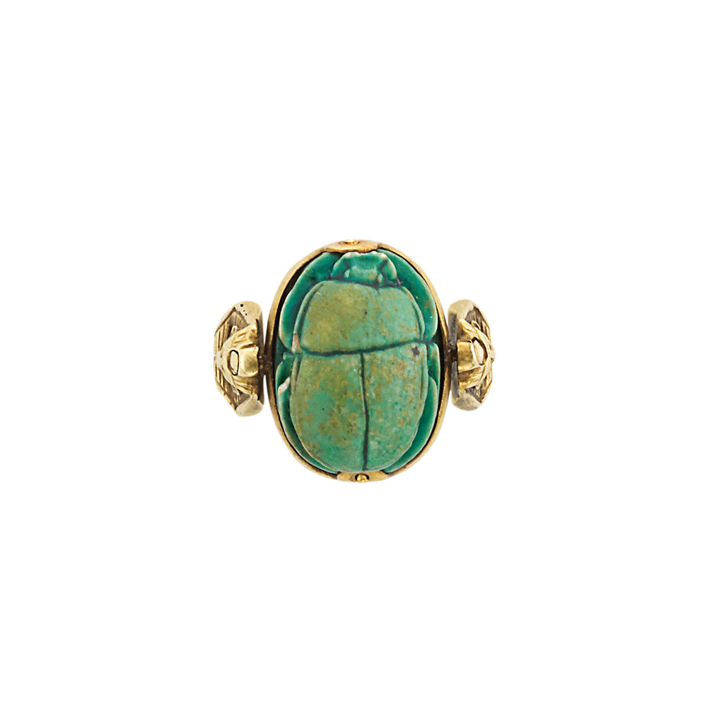 Appraisal: Egyptian Revival Gold and Faience Scarab Ring kt faience swivels