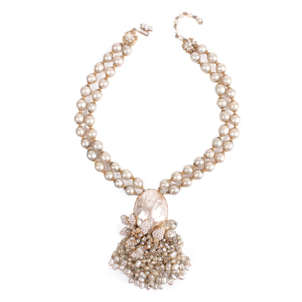 Appraisal: Miriam Haskell double strand faux pearl necklace with rhinestone pearl