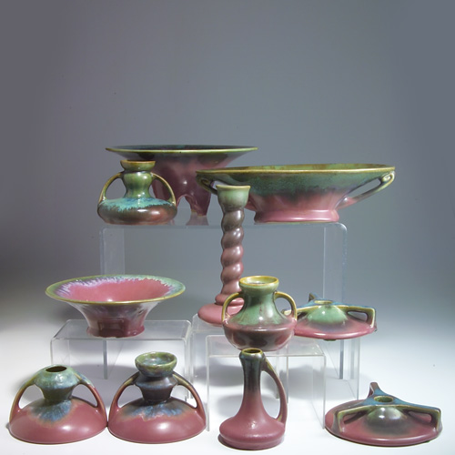 Appraisal: FULPER Eleven pieces covered in Moss-to-Rose flambe glaze A few