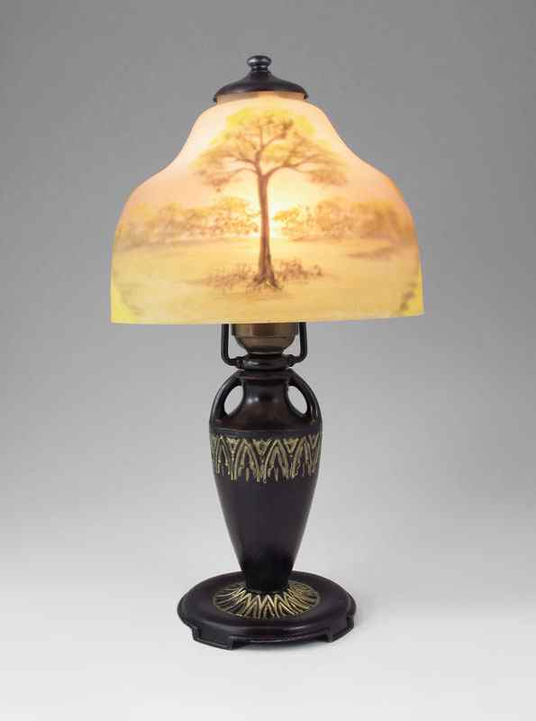 Appraisal: SIGNED MOE BRIDGES SCENIC BOUDOIR LAMP Reverse painted glass shade