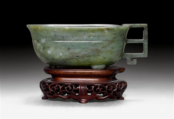 Appraisal: HANDLED VESSEL China Republic L cm Spinach jade with white