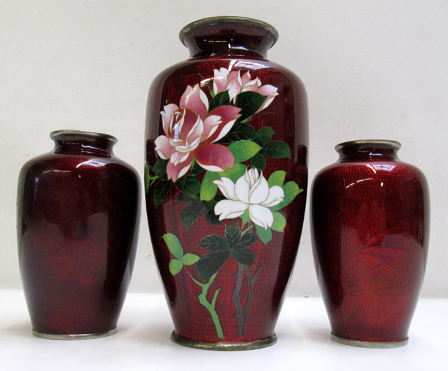 Appraisal: THREE JAPANESE CLOISONNE' ENAMEL VASES having high shoulders with flared