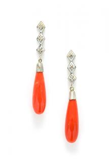 Appraisal: A PAIR OF RED CORAL AND DIAMOND EARRINGS A PAIR