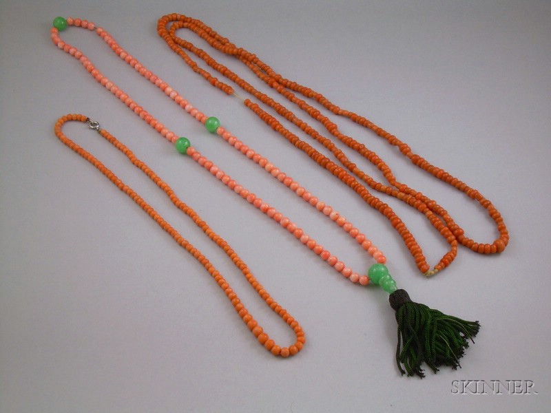 Appraisal: Three Strands of Coral Beads one with jade or jade-type