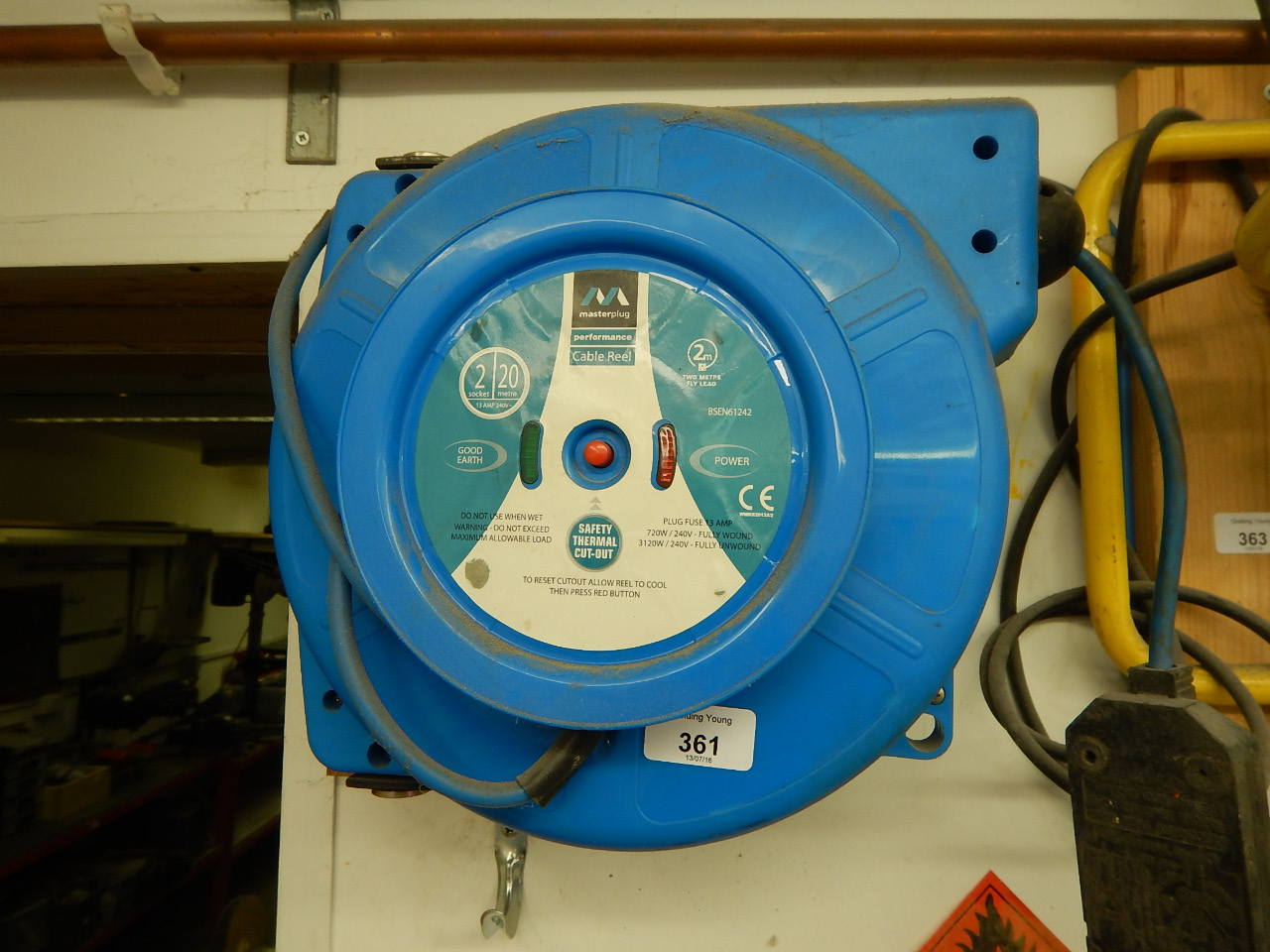 Appraisal: A Masterplug wall mounted electrical cable reel two sockets metres