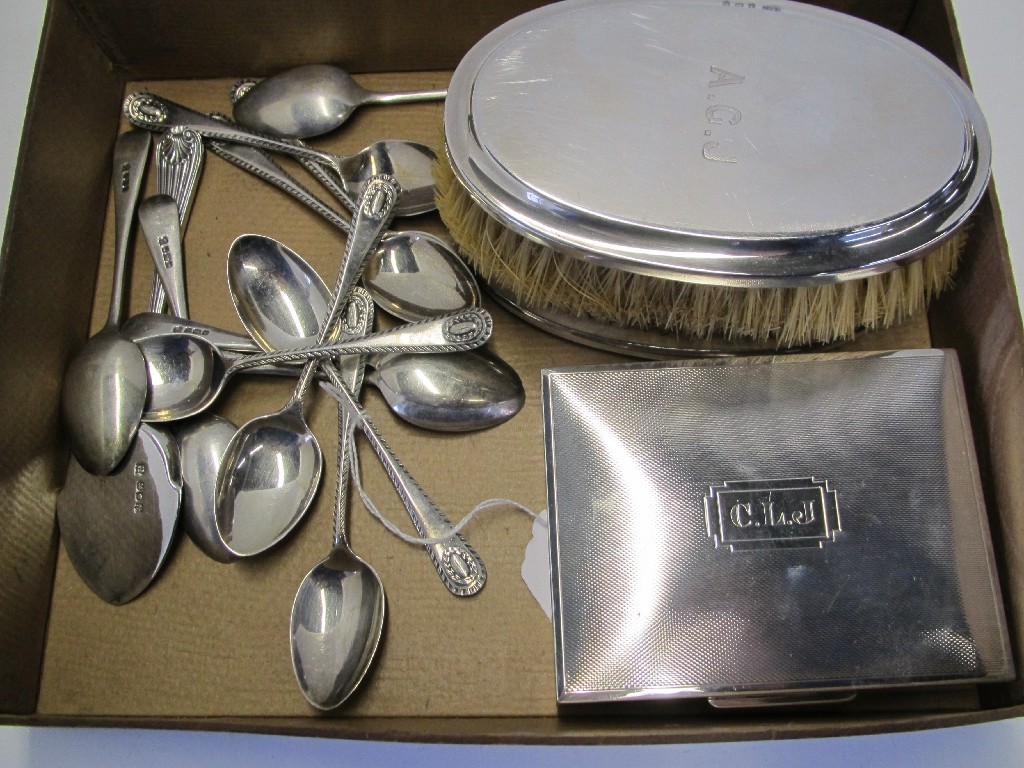 Appraisal: Lot comprising silver cigarette box silver spoons and a pair