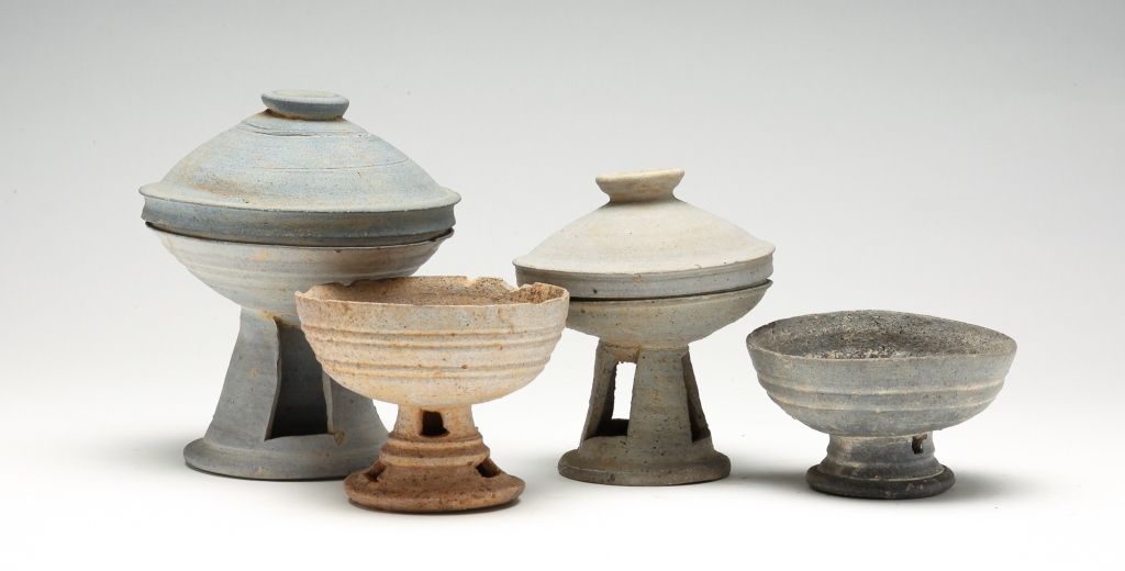 Appraisal: FOUR KOREAN SILLA PEDESTAL VESSELS Most likely th- th century