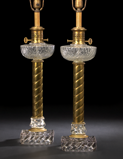 Appraisal: Pair of Swirl Glass and Brass Table Lamps in the