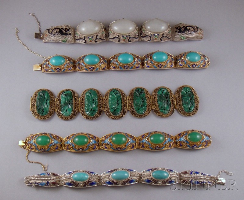 Appraisal: Five Chinese Silver Bracelets including a carved malachite and gilt-silver