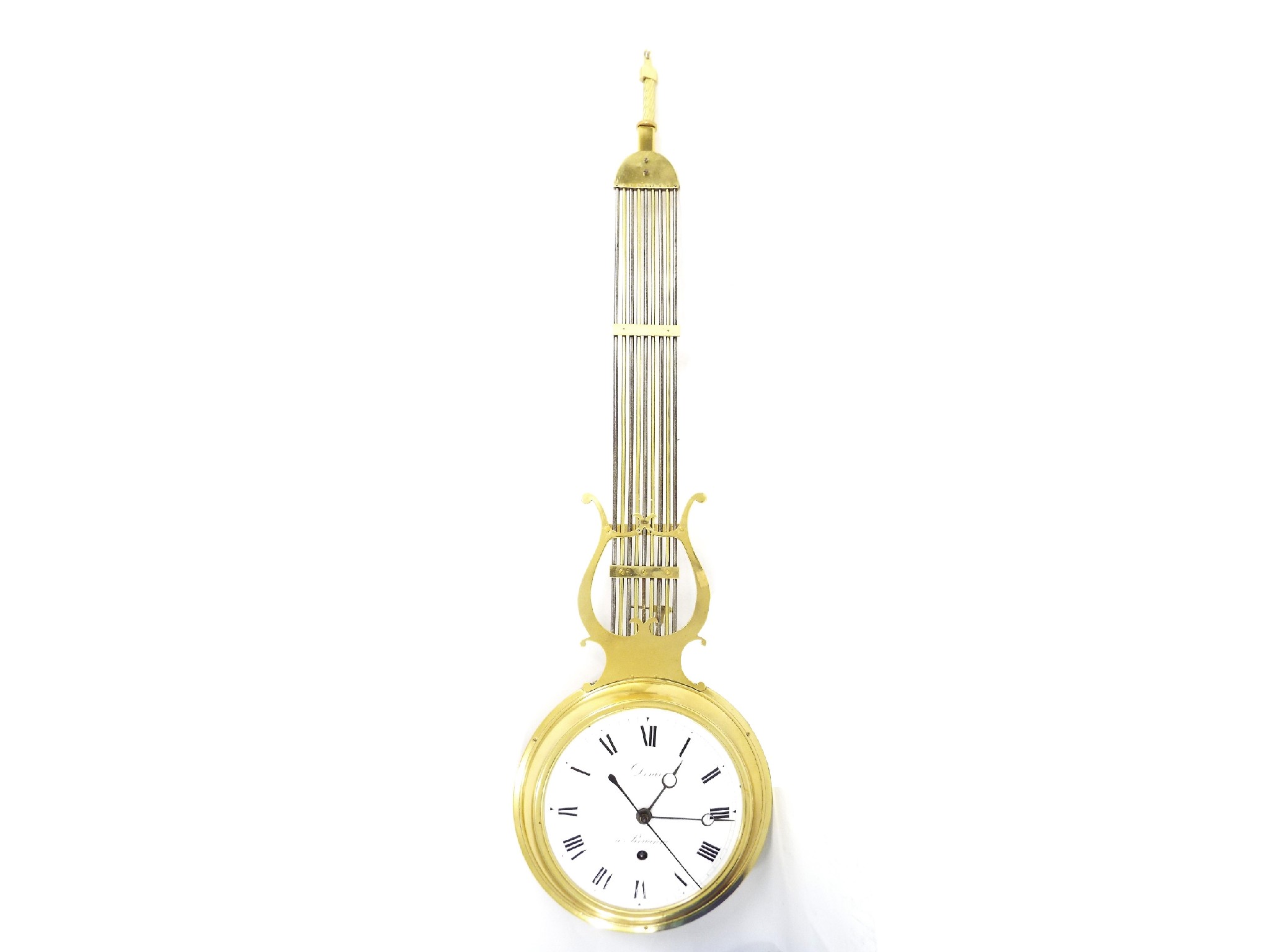 Appraisal: French brass wall pendulum timepiece the movement with pinwheel escapement