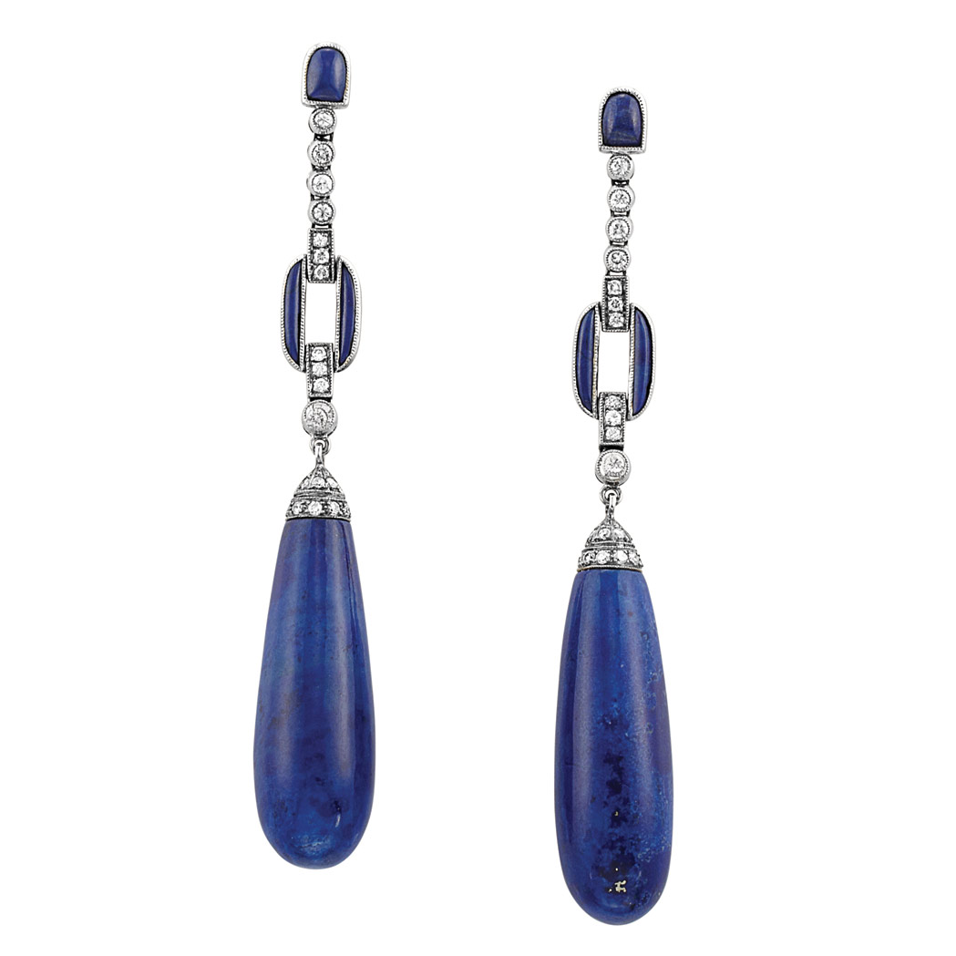 Appraisal: Pair of Platinum Gold Lapis and Diamond Pendant-Earrings Topped by