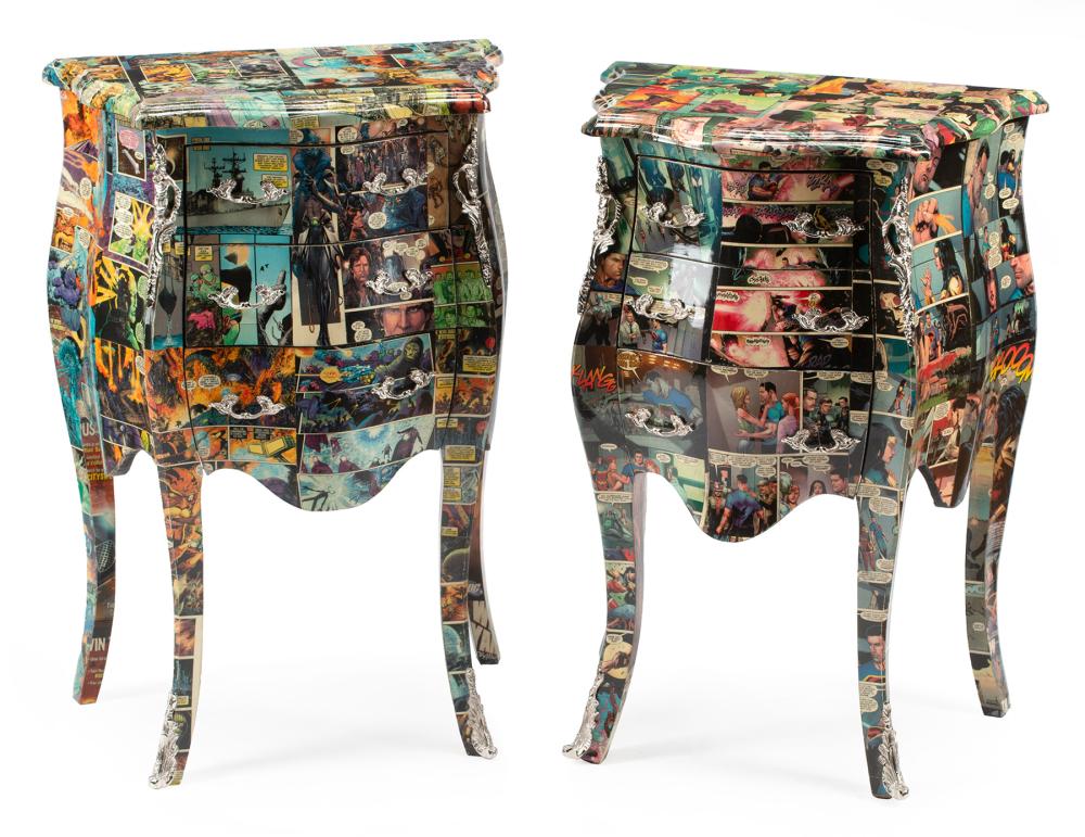 Appraisal: Pair of Louis XVI-Style Comic Book Decoupage Commodes silvered-metal mounts