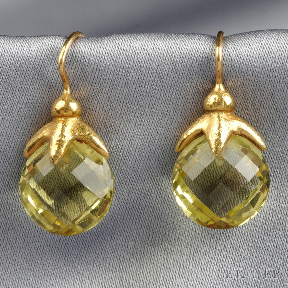 Appraisal: kt Gold and Lemon Quartz Earrings each faceted drop with