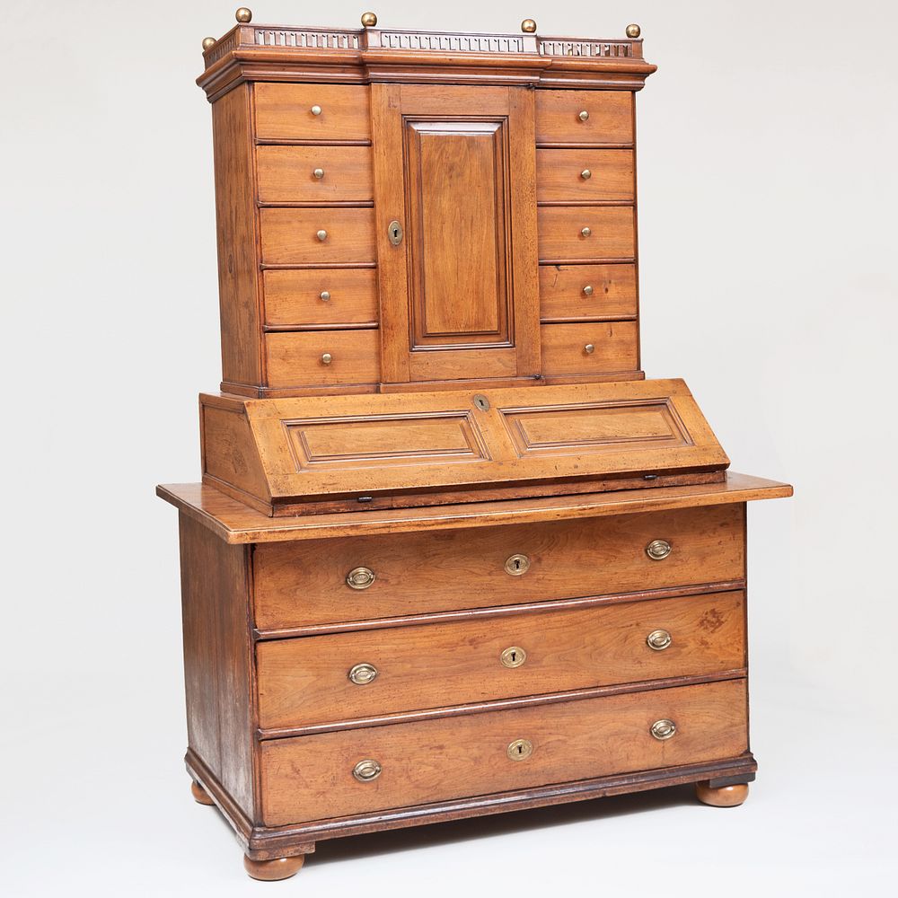 Appraisal: Dutch Late Baroque Provincial Walnut Slant-Front Secretary In two parts