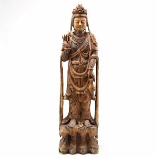 Appraisal: Chinese Standing Guanyin Wooden Sculpture Tang dynasty style carved from