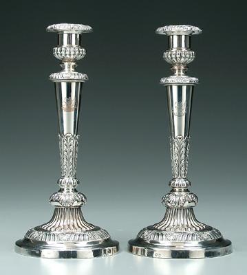 Appraisal: Pair Old Sheffield plate candlesticks round tapering posts urn form