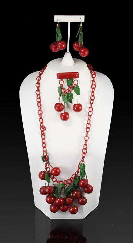 Appraisal: BAKELITE RED CHERRY NECKLACE PIN AND EARRINGS Red chain necklace