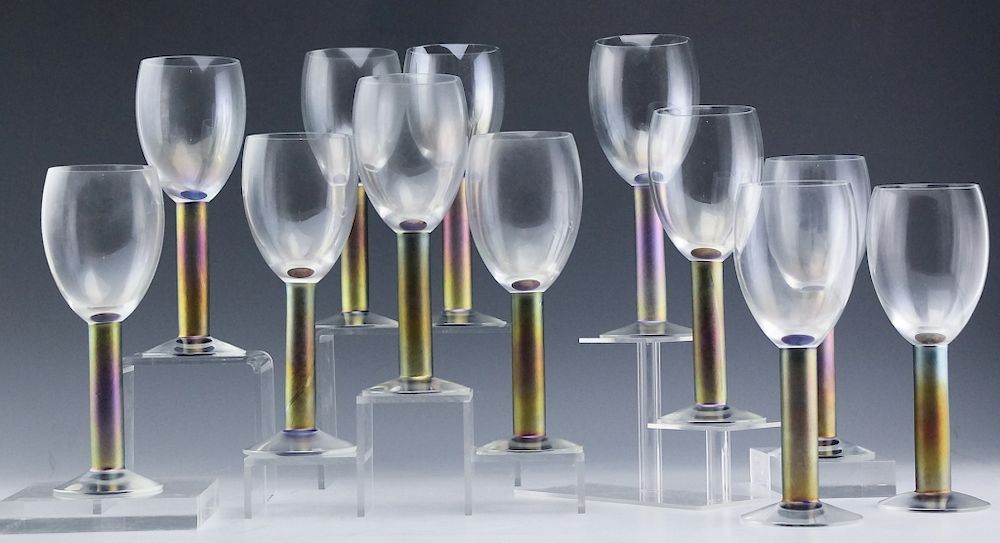 Appraisal: Steven Maslach Iridescent Stem Art Wine Glasses Set of twelve