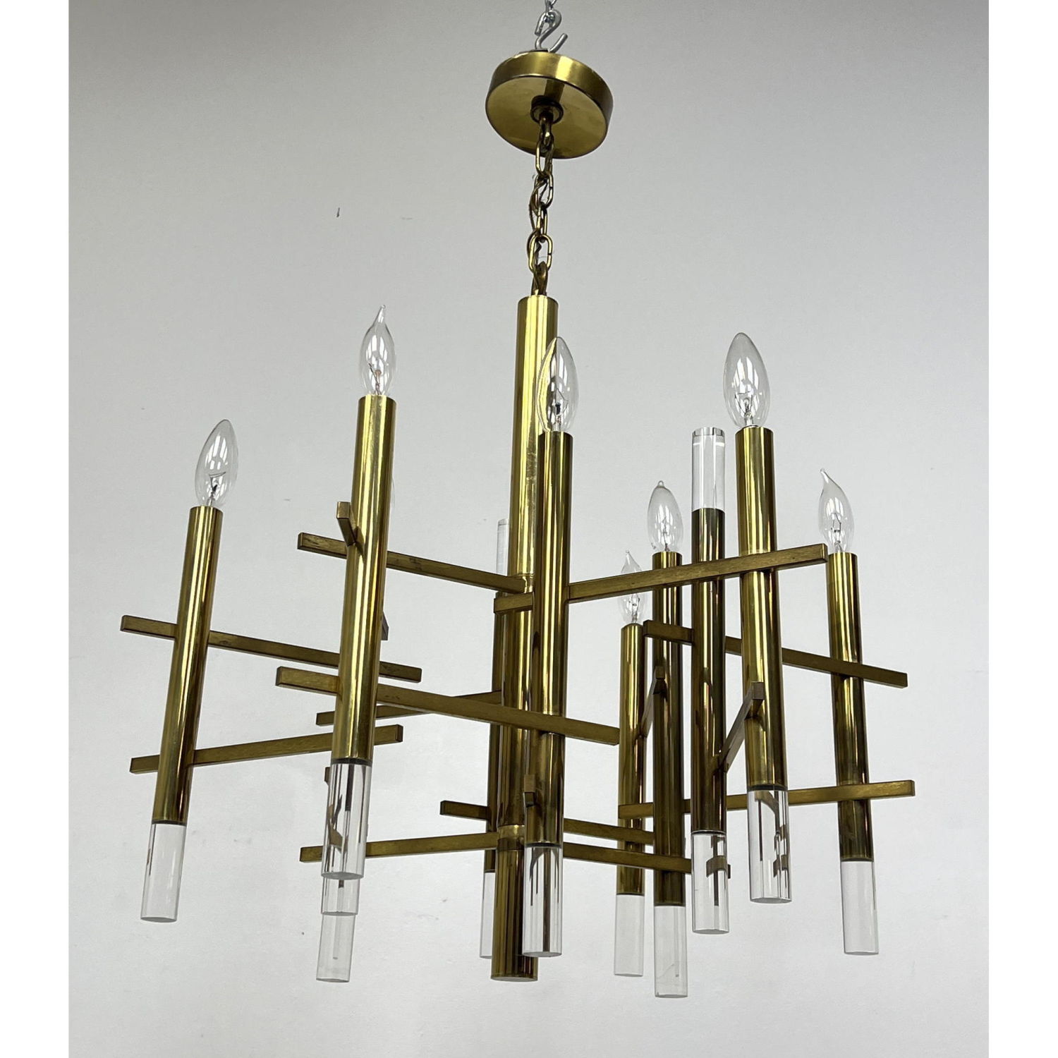 Appraisal: Gaetano Sciolari brass and lucite chandelier Italy Labeled Dimensions H