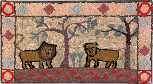 Appraisal: American hooked rug early th c depicting two lions in