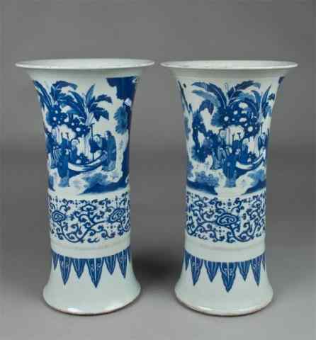 Appraisal: Pr Chinese Blue White Gu Porcelain VasesFinely painted to depict