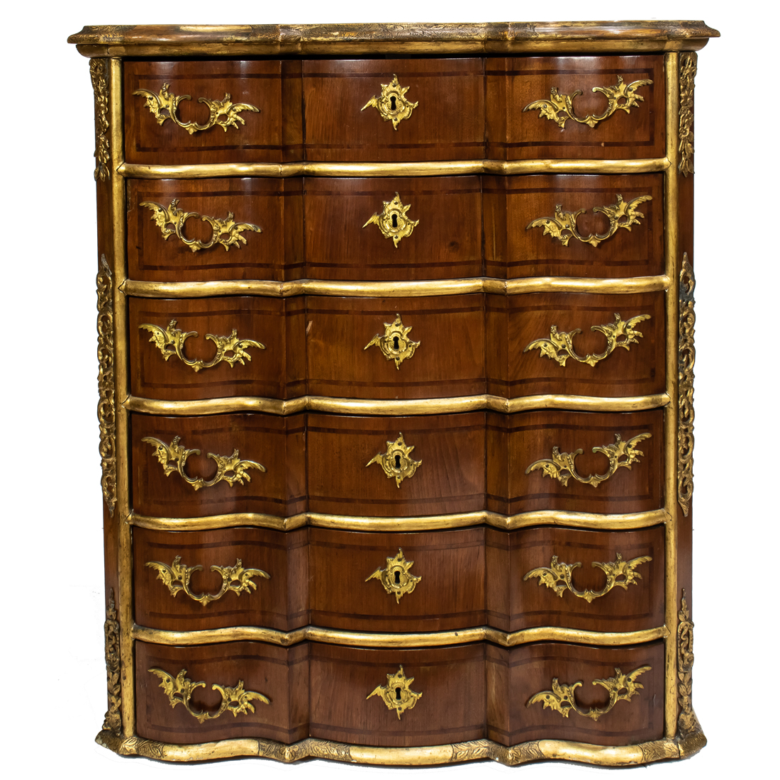 Appraisal: CONTINENTAL GILT BRONZE MOUNTED SIX DRAWER COMMODE CIRCA Continental gilt