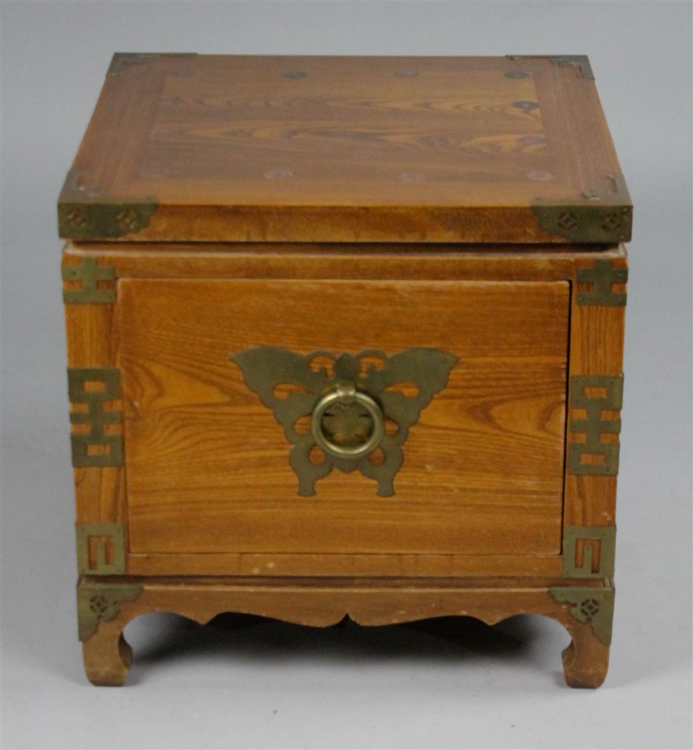 Appraisal: CHINESE ELMWOOD BRASS DECORATED LOW SIDE TABLE WITH DRAWER having