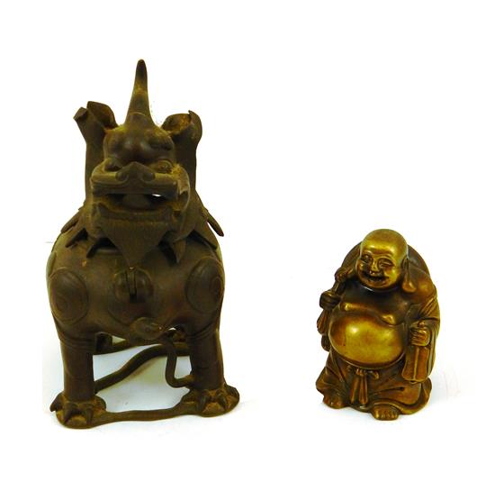 Appraisal: ASIAN two bronzes foo lion form covered jar animal with