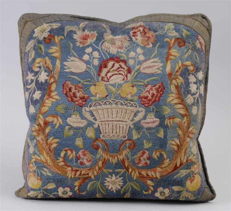 Appraisal: FLEMISH NEEDLEWORK PILLOW Worked with a flower-filled basket on a