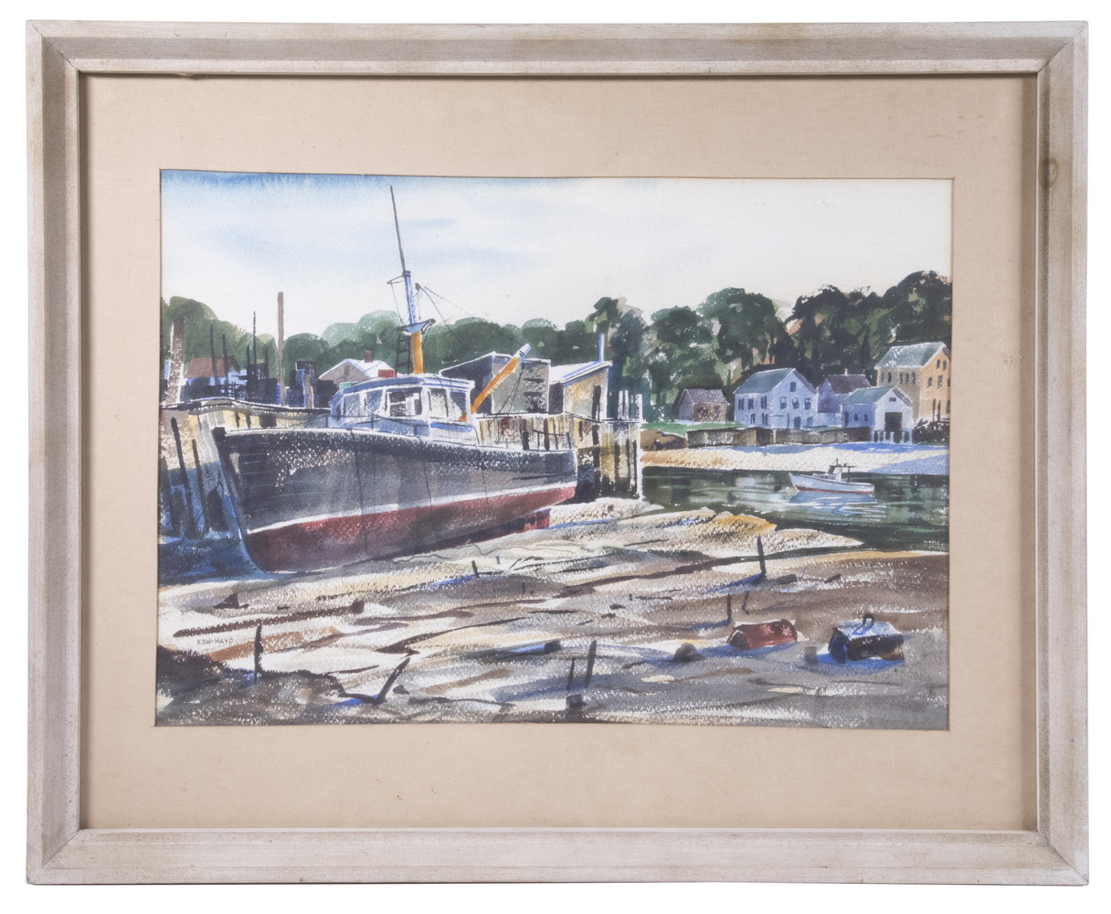 Appraisal: EDWARD MAYO ME - Docked Ship watercolor on paper signed