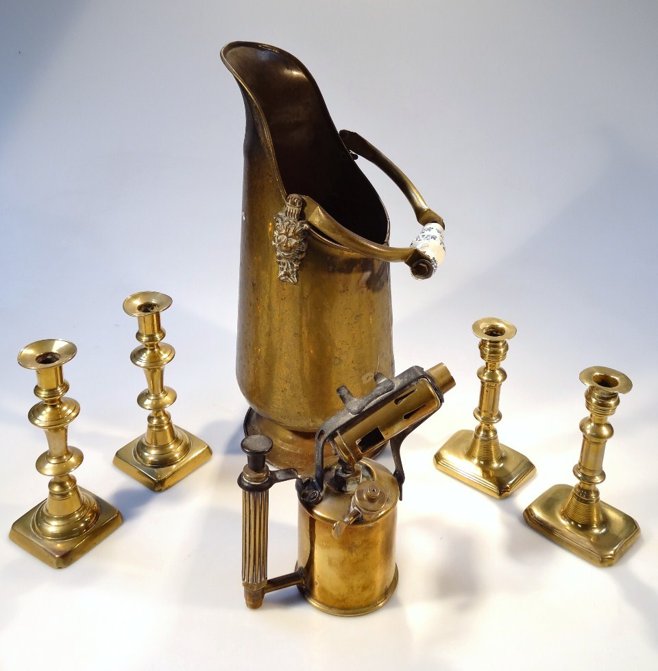 Appraisal: Various brass ware comprising a pair of thC candlesticks with