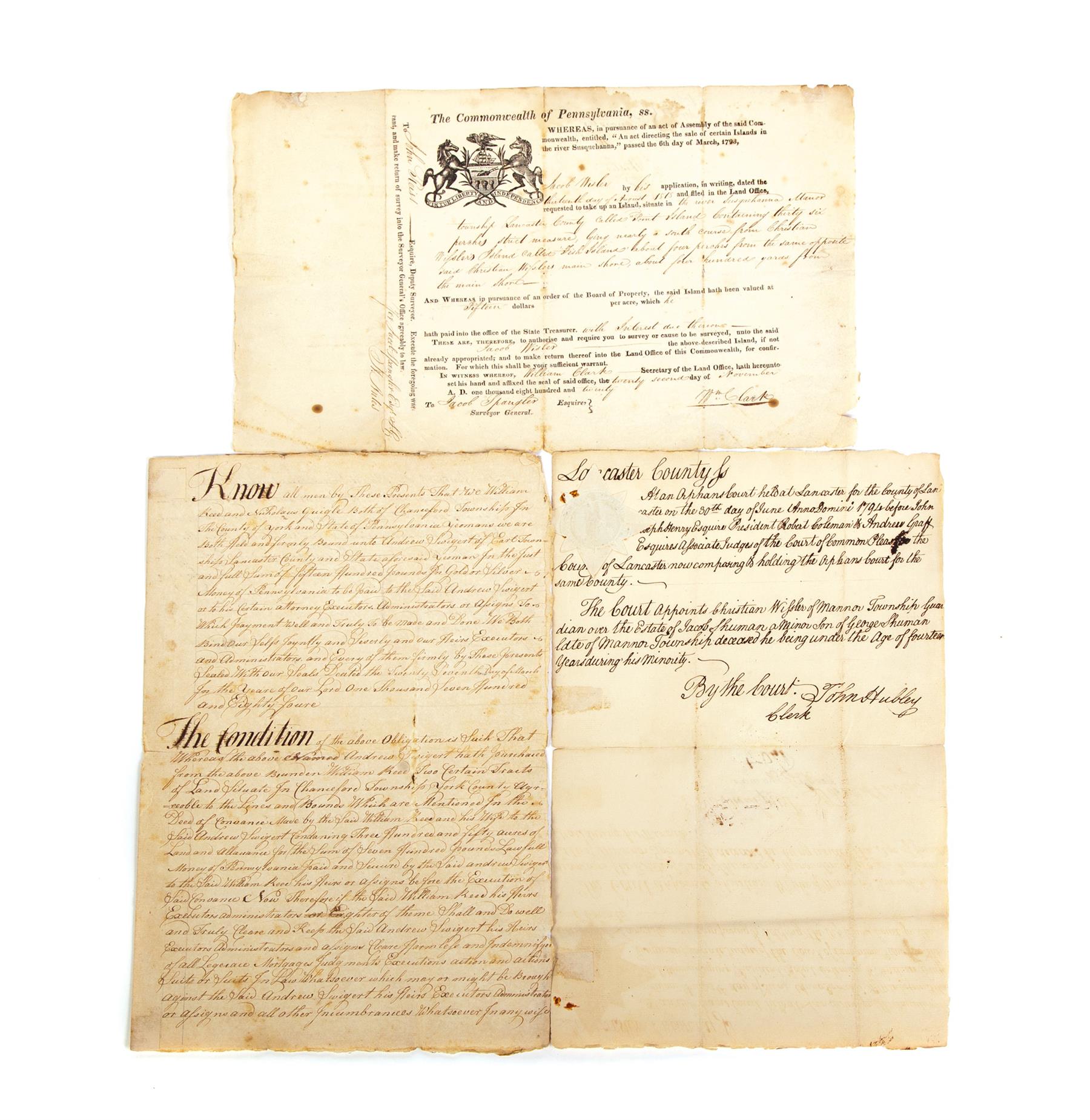 Appraisal: THREE PENNSYLVANIA LAND GRANTS Two documents involving the Jacob Wisler