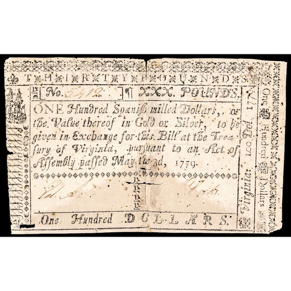 Appraisal: Colonial Currency Virginia May One Hundred Dollars Thirty Pounds Note