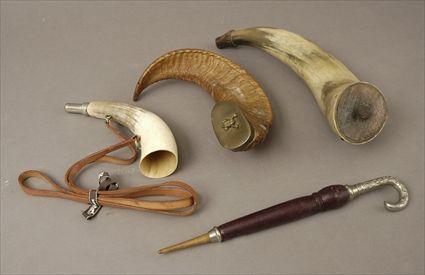 Appraisal: Two Horn Powder Flasks Together with a Hermes hunting horn