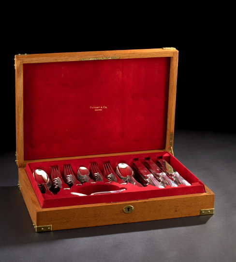 Appraisal: Fifty-Eight-Piece Cased Set of Tiffany Shell and Thread Sterling Silver