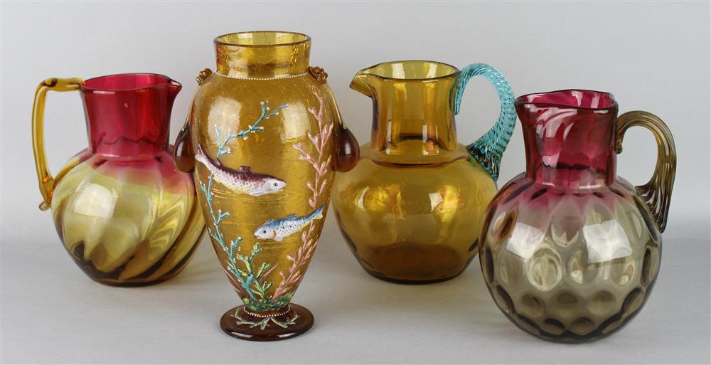 Appraisal: BOHEMIAN AMBER CRACKLE GLASS AND ENAMELED VASE TWO AMBERINA GLASS