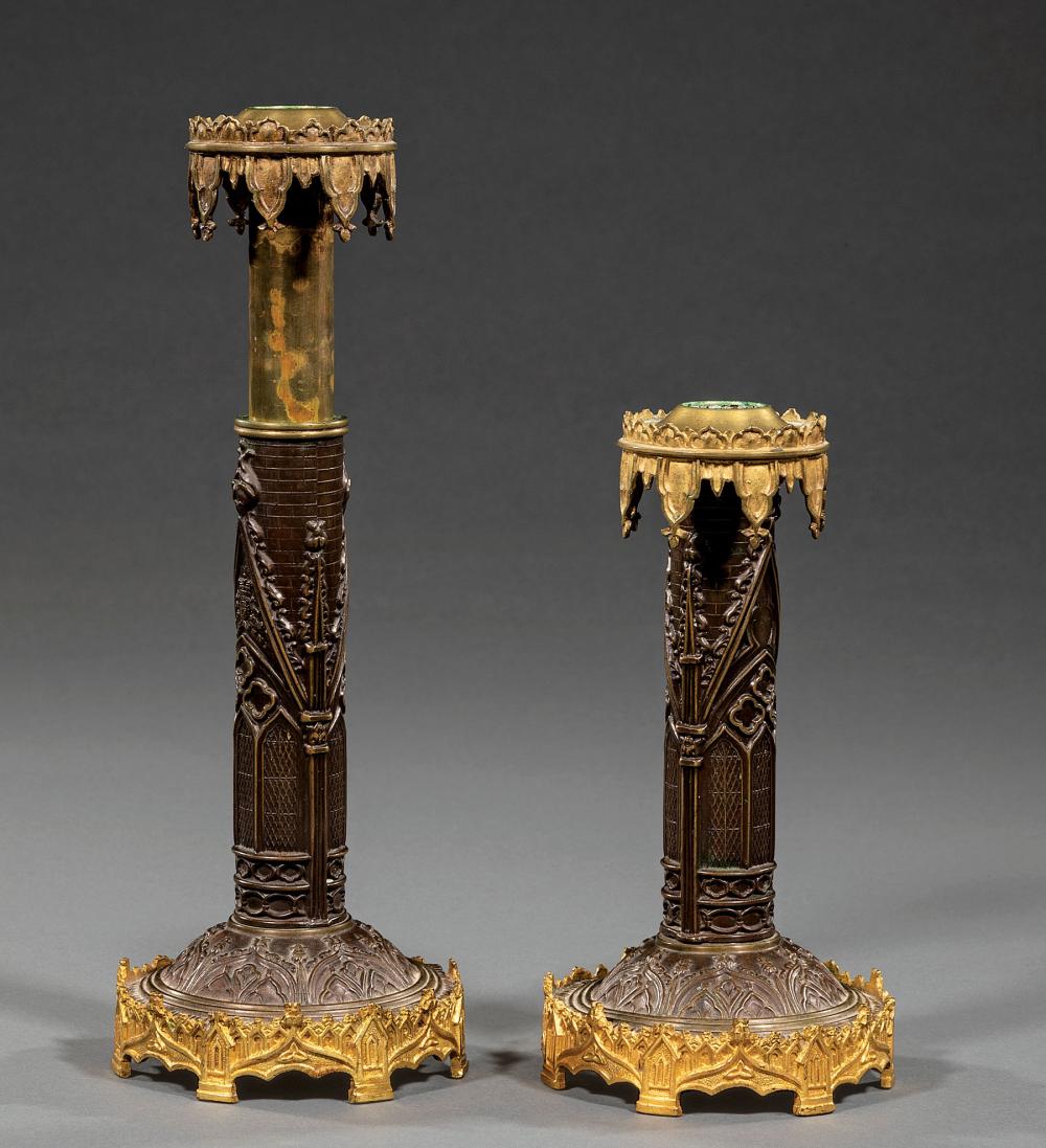 Appraisal: Pair of English Gothic Patinated Bronze Adjustable Candlesticks th c