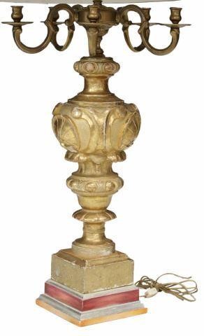 Appraisal: Continental giltwood and bronze two-light table lamp fashioned from antique