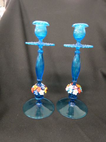 Appraisal: Steuben Art Glass Candlesticks applied flowers on rich blue Venetian