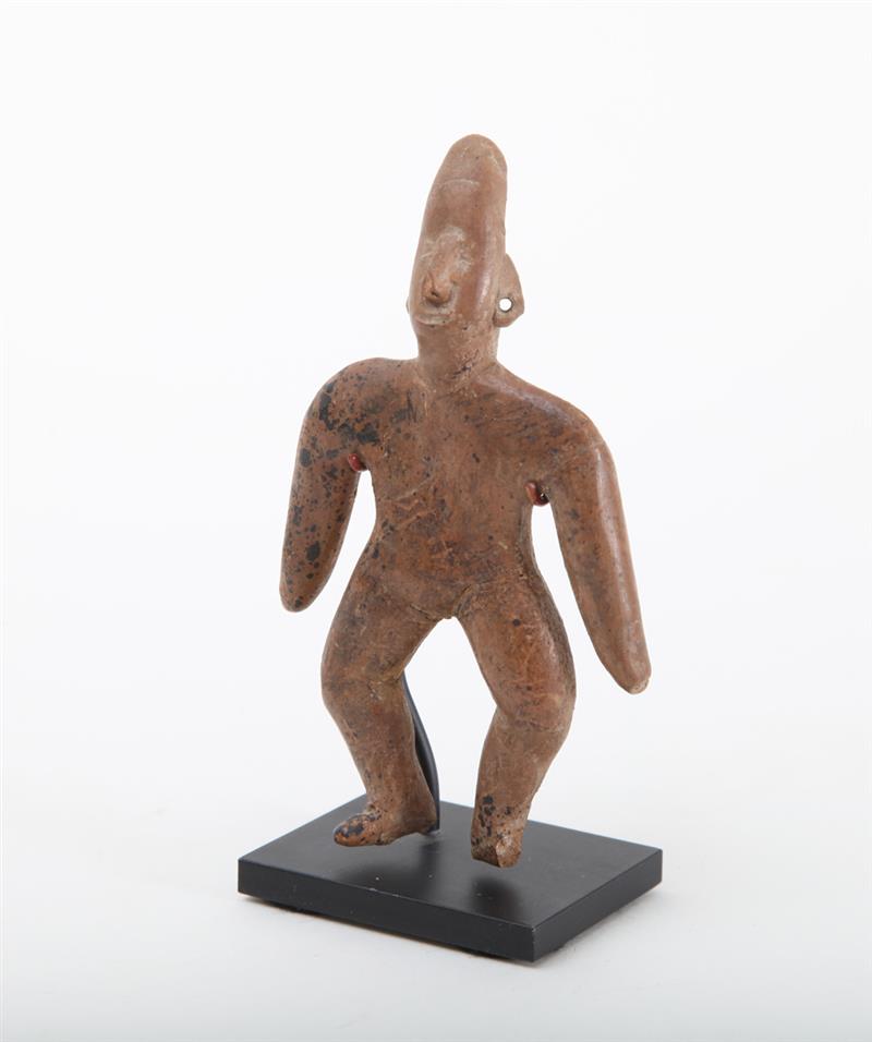 Appraisal: PRE-COLUMBIAN TYPE POTTERY MINIATURE FIGURE OF A WOMAN On metal