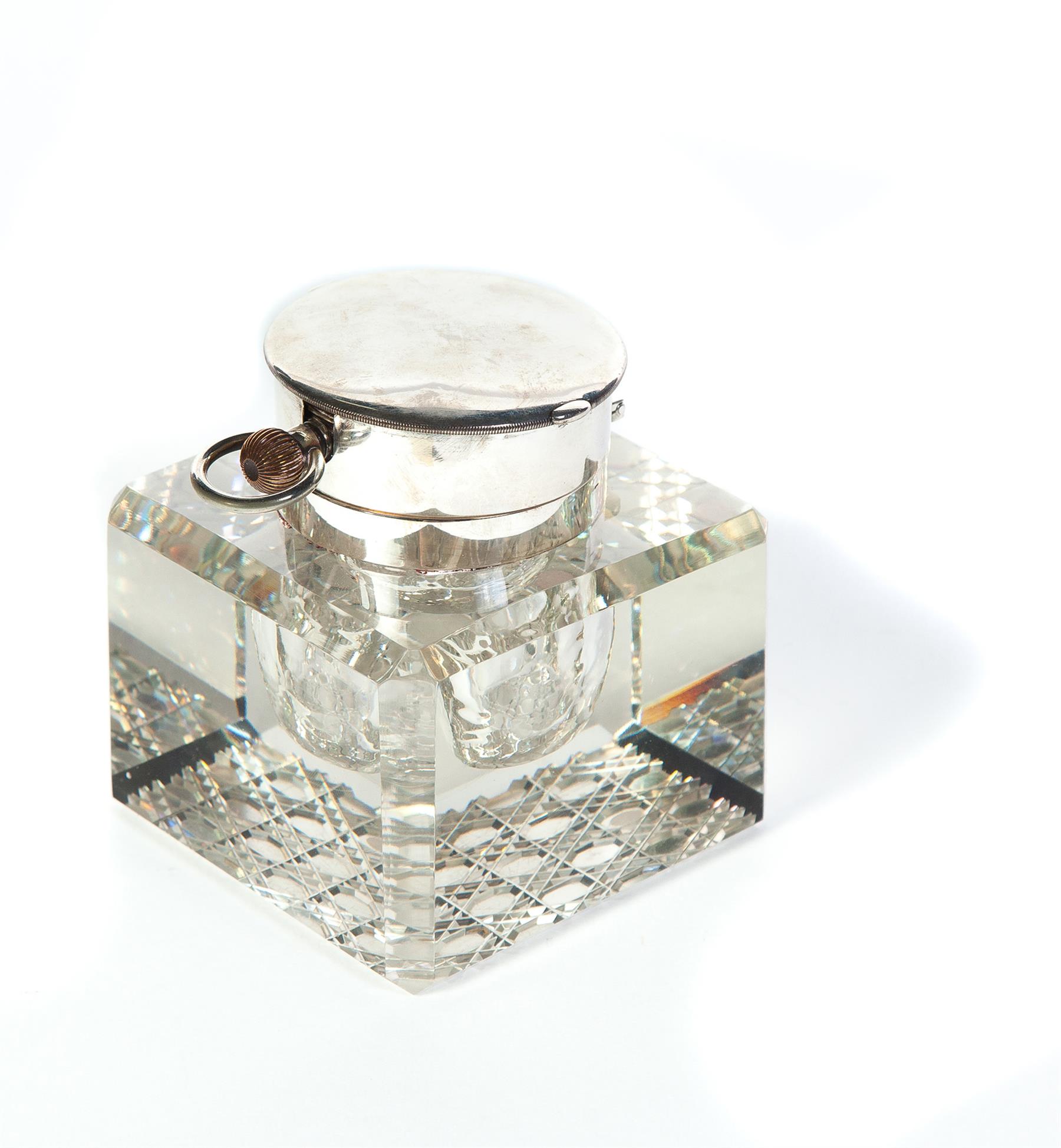 Appraisal: CUT GLASS SQUARE INKWELL WITH CLOCK INSIDE LID European ca