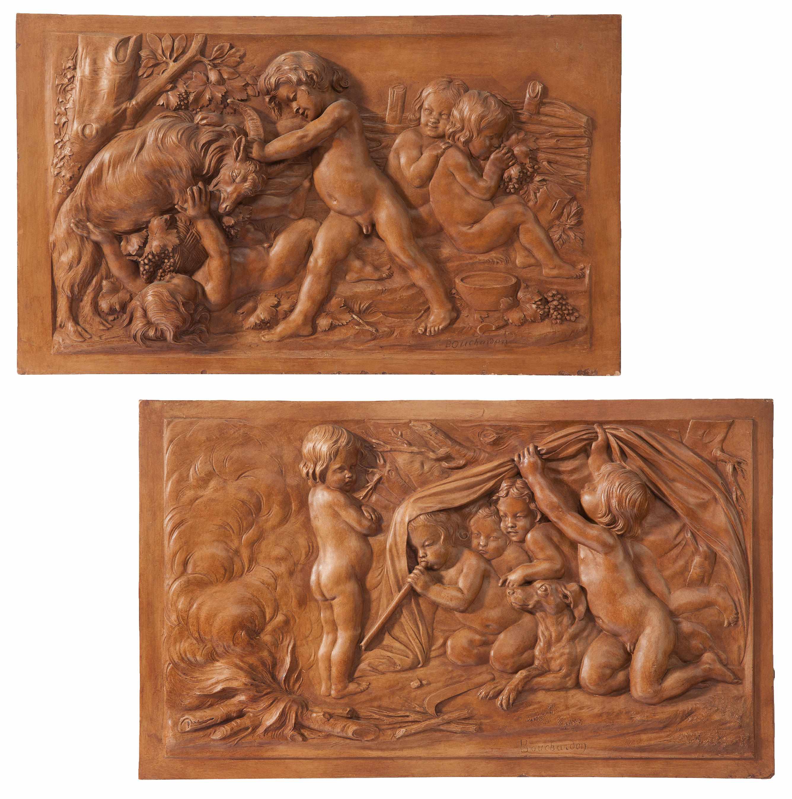 Appraisal: A pair of Continental tinted terracotta relief decorated plaques height