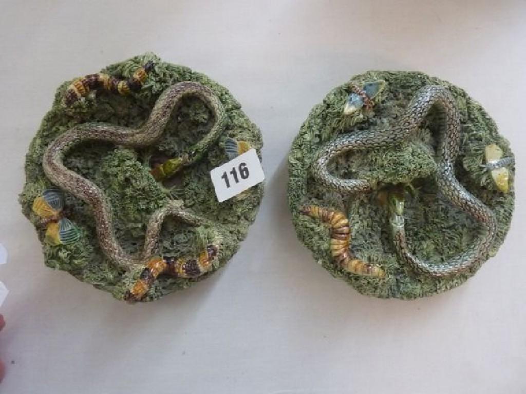 Appraisal: Two th century majolica snake plates in the Palissy style