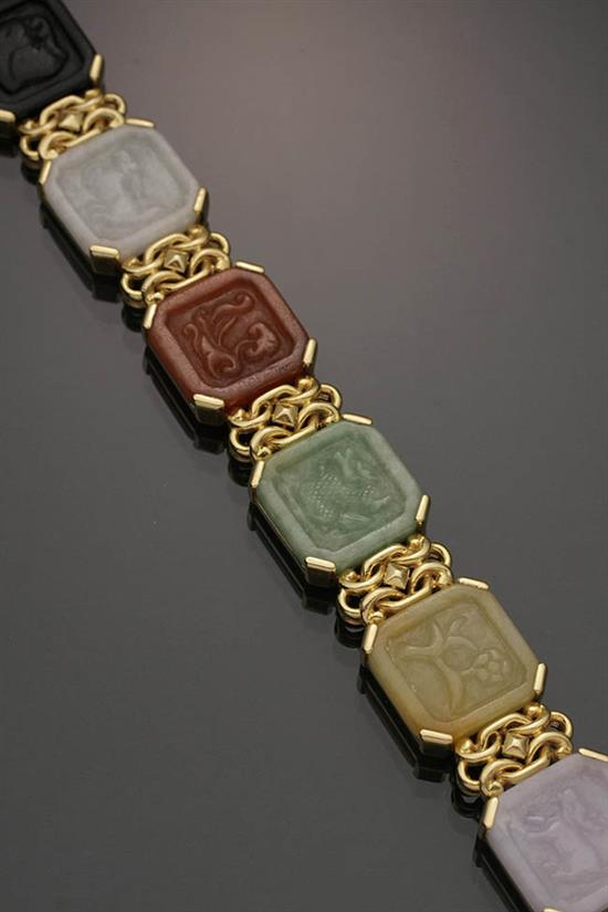 Appraisal: -Karat Yellow-Gold and Multi-Color Jade Bracelet Set with six octagonal