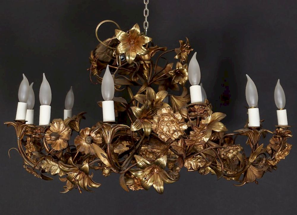 Appraisal: AN INTRICATE GILDED ANTIQUE FLORIFORM CHANDELIER A complex French gilded