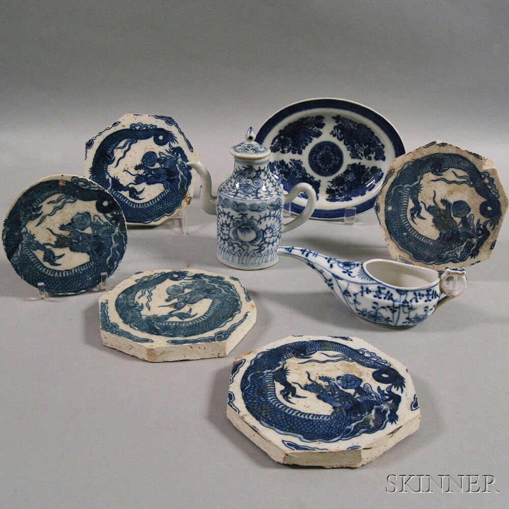 Appraisal: Three Pieces of Blue and White-painted Chinese Export Tablewear together